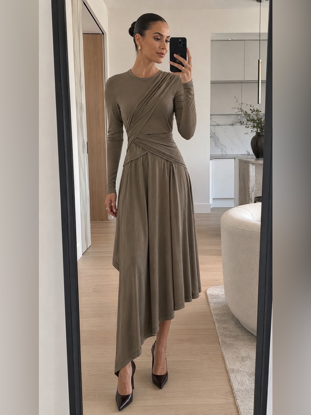 Helmut Lang Protection Dress Olive Draped Asymmetric Multi-Way Midi Dress Size L